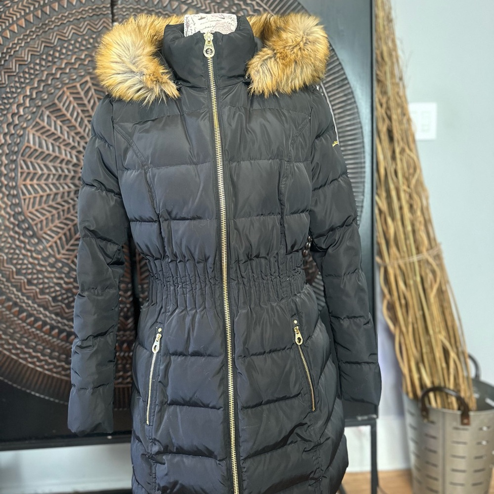 Laundry by Shelli Segal Black Puffer Jacket with Faux Fur Hood